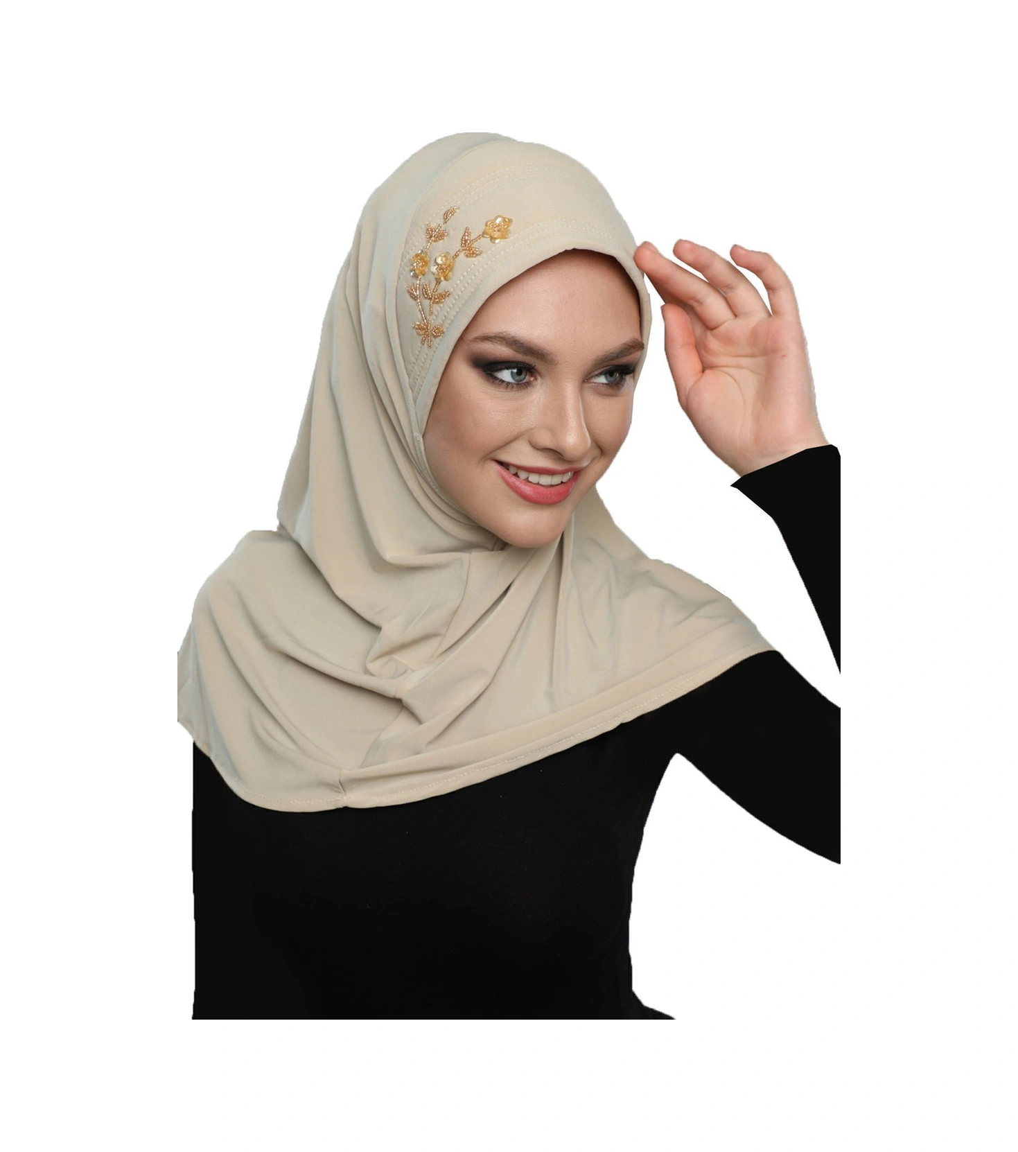 Takmatik Taşlı El Işi Boncuk Işlemeli Bej Hazır Türban Tesettür Bone Namaz Örtüsü Bej