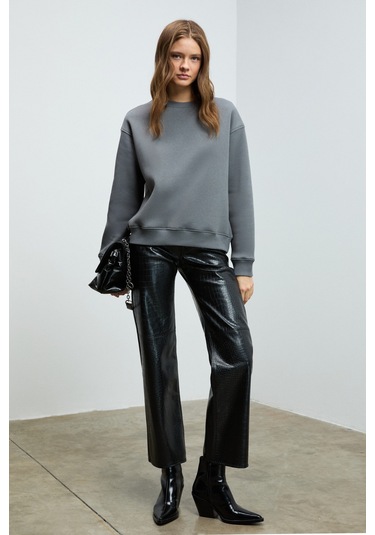 Grımelange Vaneltına Kadın Organik Pamuklu Yumuşacık İçi Polarlı Yuvarlak Yakalı Gri Sweatshirt Gri