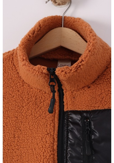 Monox Çocuk Lastik Manşetli Fermuarlı Unisex Kuzu Wellsoft Peluş Ceket Kiremit