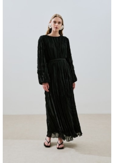 Piliseli Şifon Elbise Siyah Siyah