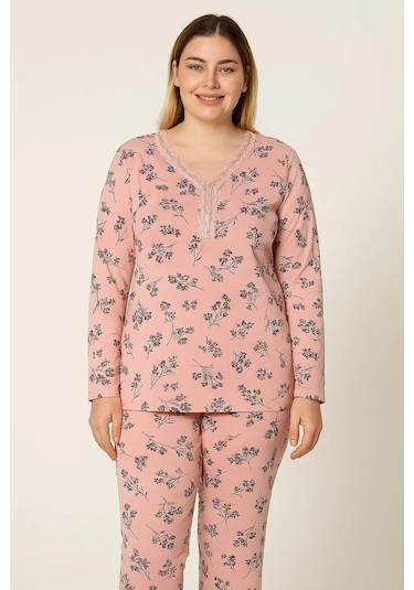 Sude Kadın Bambu Büyük Beden Uzun Kol V Yakası Nakışlı İnce Pijama Takımı P/4357- 1 Adet Pudra