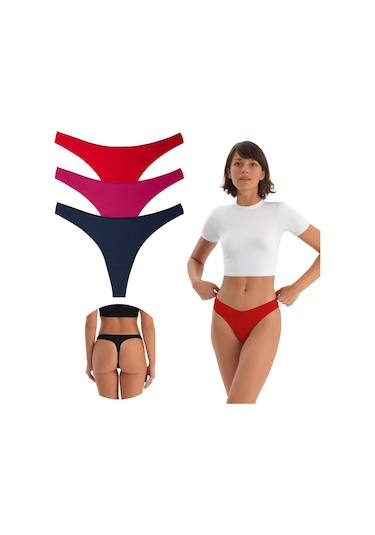 Kadın Pamuklu Basic Tanga Külot, 3'lü Paket,kırmızı-pembe-lacivert Pembe - Kırmızı