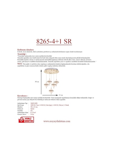 Eray Aydınlatma 8265-4+1 5li Sarkıt Sarı Led Avize Gold