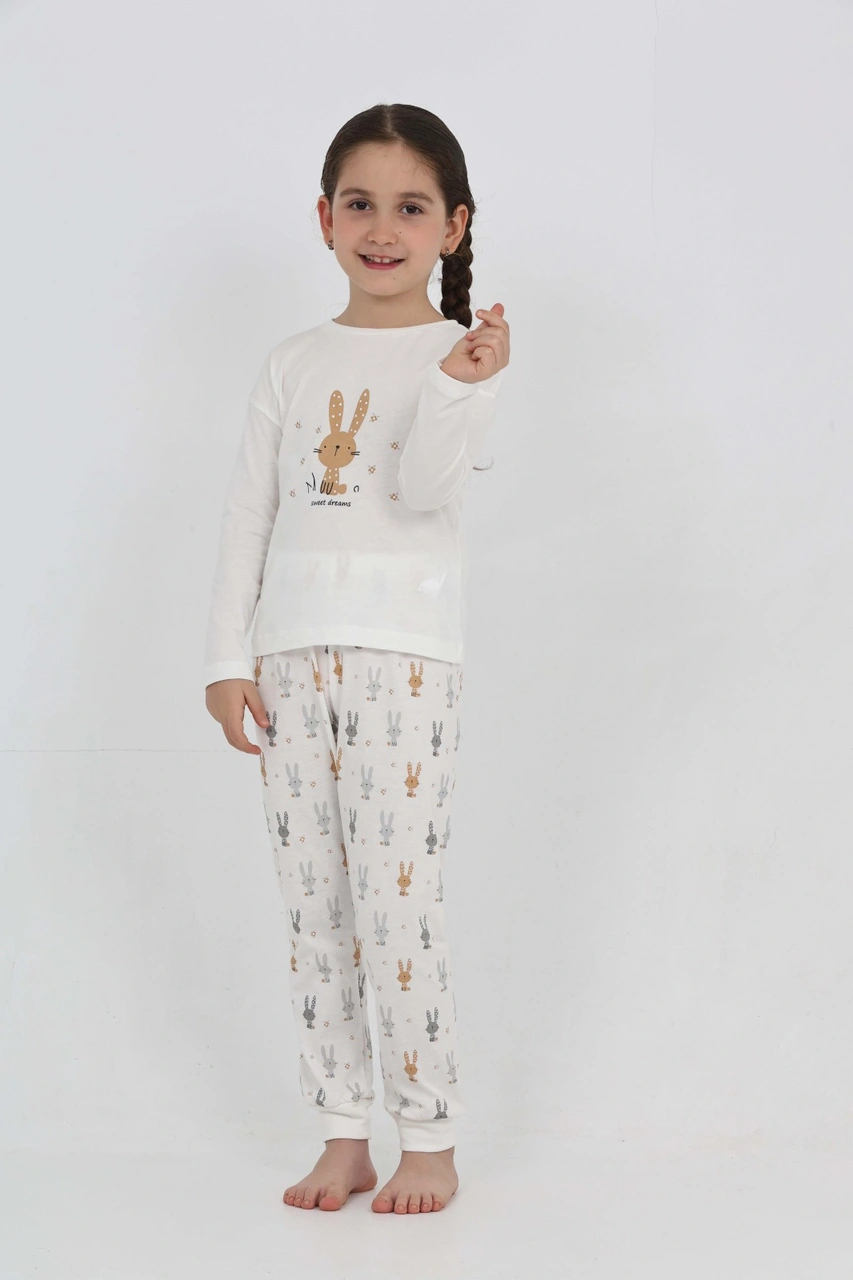 Toontoy Kız Çocuk Tavşan Baskılı Pijama Takım Ekru