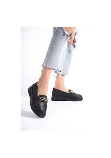 Siyah Cilt Kalın Tabanlı Tokalı Loafer Makosen Ayakkabı Armytopuk Siyah