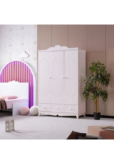 Flower 3 Kapılı Dolap - Beyaz