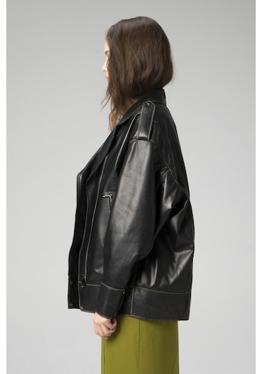 Dericlub Wm019 Oversize Biker Hakiki Deri Kadın Mont Siyah/bej Null Siyah