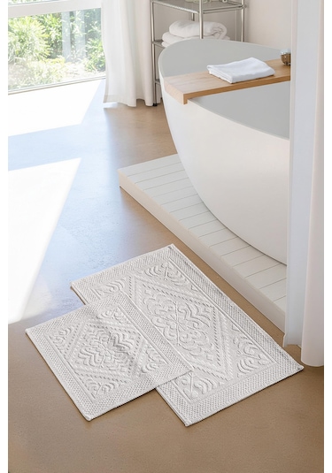 Soley Violeta 2'li Banyo Paspas Seti Kaymaz Taban %100 Pamuk 60x100 - 50x60 Cm Beyaz