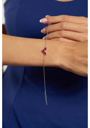 Yakut Taşlı Rodyum Kalp Minimal Gümüş Bileklik