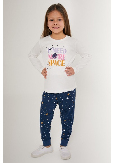 Rolypoly Need More Space Beyaz Kız Çocuk Uzun Kol Pijama Takım Krem