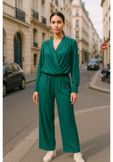 Yeşil Kruvaze Yaka Gömlek Pantolon Kadın İkili Takım - Modern Tasarım Çok Renkli
