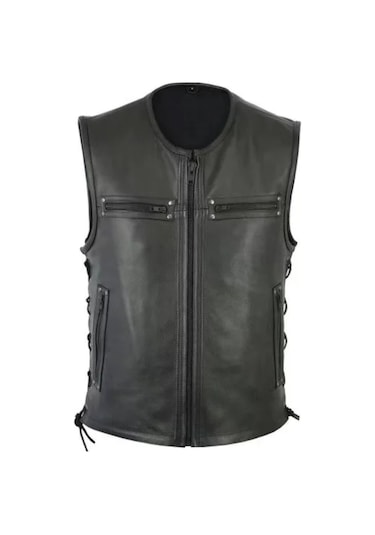 Cooper Hakiki Deri Yelek Yandan Bağcıklı Fermuar Kapamalı