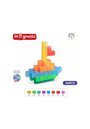Magnet Küp Yapı Blok Seti 64 Parça - Güçlü Mıknatıslı Eğitici Bloklar