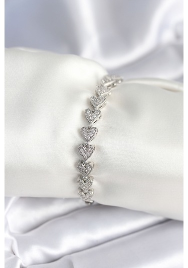 Pirinç Gümüş Renk Kalp Model Kadın Bileklik Çok Renkli