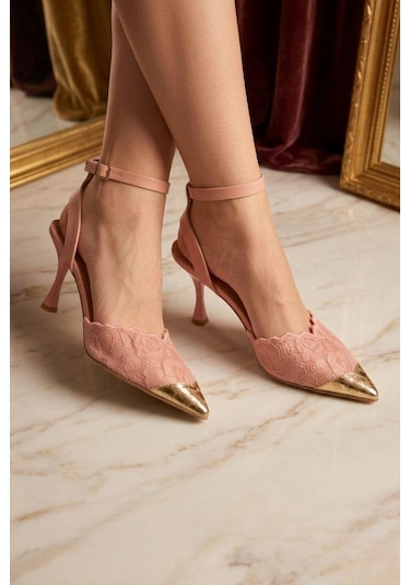 Fox Shoes Y752082806 Pudra Dantel İnce Topuklu Kadın Ayakkabı