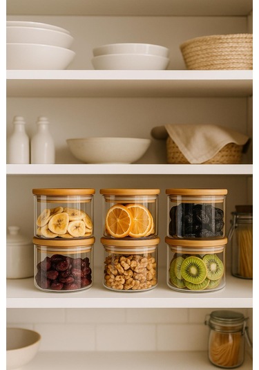 6'lı Borosilikat Cam Kahvaltılık Seti - Sızdırmaz Silikonlu Bambu Kapak - 90 X 70 Mm-400 Ml Beyaz