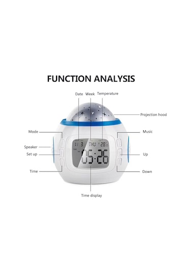 Youtek Renkli Yıldızlı Projeksiyon Alarm Saati - Tarih, Hafta, Sıcaklık Göstergeli, 10 Müzik Seçeneği, Yeniden Uyandırma Ve Geri Sayım Fonksiyonu Pil Dahil Değil Beyaz