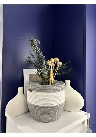 Kopya - Patrick Jüt Hasır Görünümlü Çöp Kovası, Dekoratif Sepet, Kağıt Çöpü Sepeti Gribeyaz