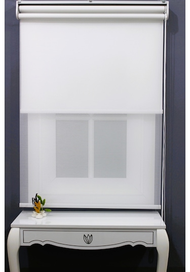 Çift Mekanizmalı Çizgili Tül & Mat Beyaz Stor Perde % 80 Işıgı Ke