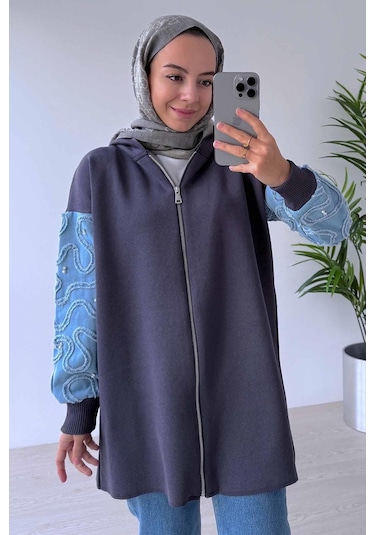 Ka Hijab Kolları Kot Detaylı Triko Hırka - Füme Füme