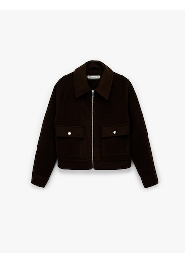 Koton Uzun Kollu Klasik Yaka Cep Detaylı Oversize Fermuarlı Ceket Kahverengi 6wal60068ıw Kahve