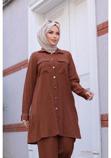 Cep Detaylı Tesettür Kahverengi Takım Kahverengi