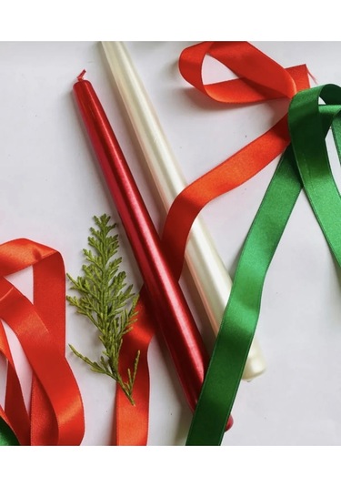 Denic 2 li Metalik Kırmızı ve İnci Beyaz  Şamdan Mum  Konik Mum