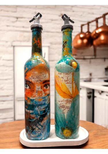 El Yapımı Soyut Kadın Portresi Ve Çiçek Motifli Vintage Yağdanlık Set, Mutfak Sosluk, Sirkelik Yeşil