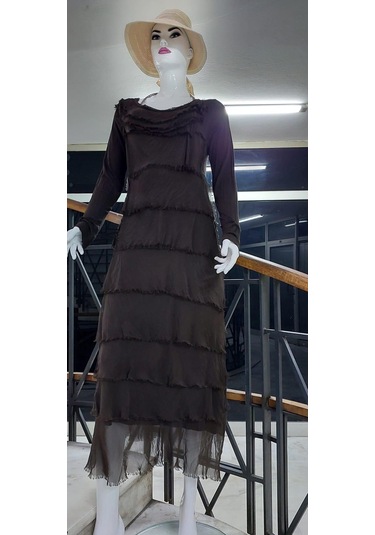 Italyan 2 Beden İnce Gösteren Kat Kat Uzun Kol Taşlanmış İpek Elbise Koyu Kahve