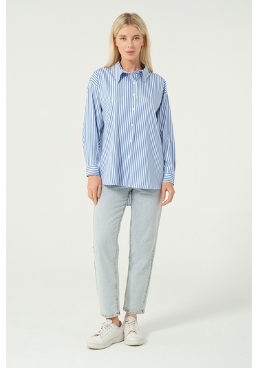 Basic Oversize Çizgili Gömlek Buz Mavisi