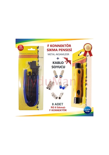 Sıkma Pensesi + Kablo Soyucu + 8 Adet Sıkmalı F Konnektör