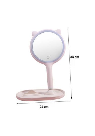 Zmc Bilişim Kedi Kulaklı Telefon Standlı Yuvarlak Dokunmatik Led Ayarlı Masa Üstü Makyaj Aynası Çok Renkli