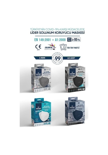 Musk Ffp2 Maske 40 Adet (Siyah,Gri,Beyaz,Lacivert)