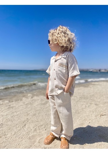 Cebi Nakışlı Gömlek Pantolon Keten Erkek Çocuk Takım Natural