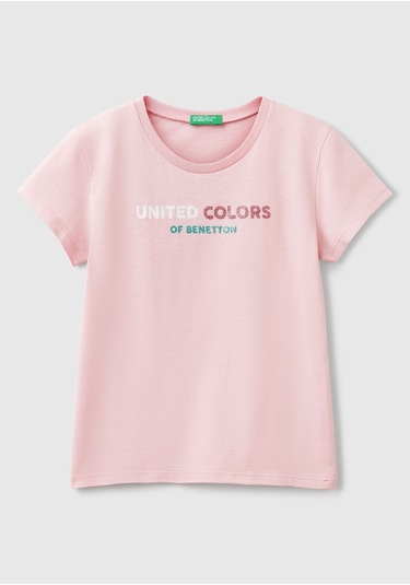 Kız Çocuk Pembe Simli Logo Baskılı T-shirt Pembe