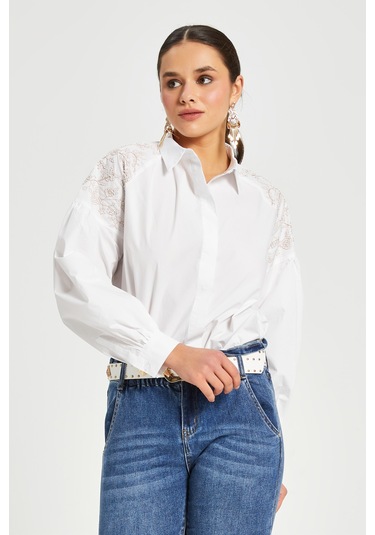 Kadın Nakış Detaylı Pamuk Gömlek Düğmeli, Uzun Kollu, %100 Cotton Beyaz
