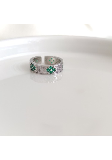 Xupıng 14 Numaraya Kadar Ayarlanabilir Yeşil Çiçek Detaylı Yüzük Beyaz