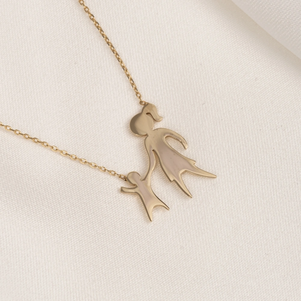 Gümüş Kolye - Anne Kız 925 Ayar Gümüş Kolye Sarı