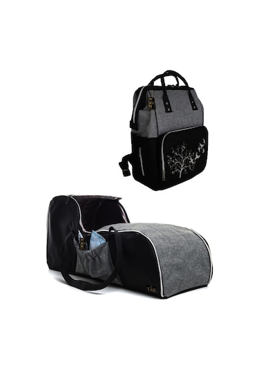 U.S.F Fonksiyonel Bebek Bakım Sırt Çantası + Portbebe Ana Kucağı Puset Kuş Desenli Koyu Gri - Siyah