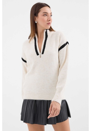 Gabria Fermuarlı Şeritli Kazak Ekru