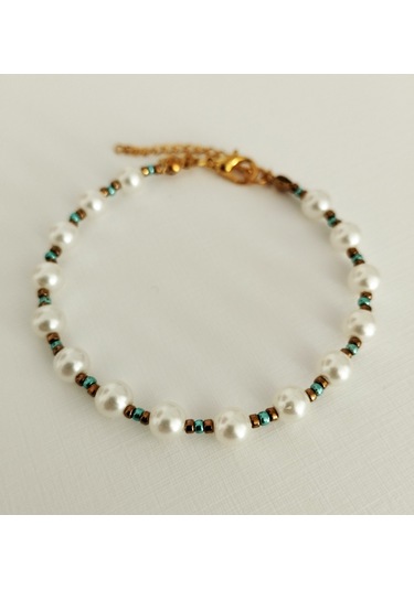 B215 İnci Boncuklu Bileklik Altın - Beyaz