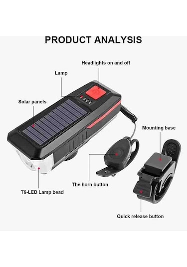 Robesbon Solar Enerjili USB Şarjlı Bisiklet Ön Far ve Korna