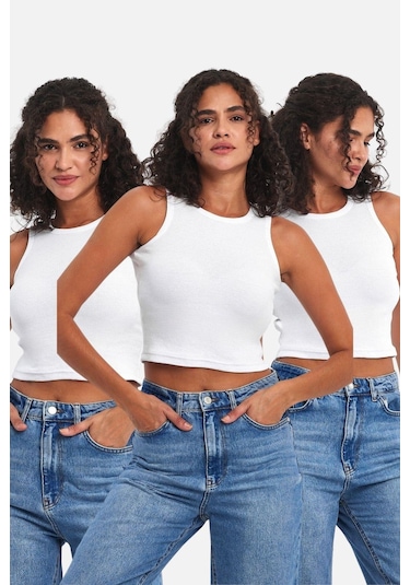 Mmetalic Fitilli Siyah Crop Halter Yaka Sıfır Kol Pamuklu 3'lü Kadın Atlet