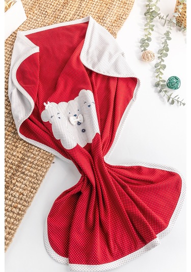 Ayıcık İşlemeli Puantiyeli Çift Katlı Kız/erkek Bebek Battaniye Kırmızı