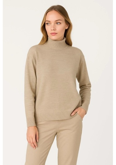 Yarım Boğaz Triko Kazak Yumuşak Dokulu Pamuklu Ince Dokuma, Uzun Kollu Rahat Regular Kalıp - Bej Bej