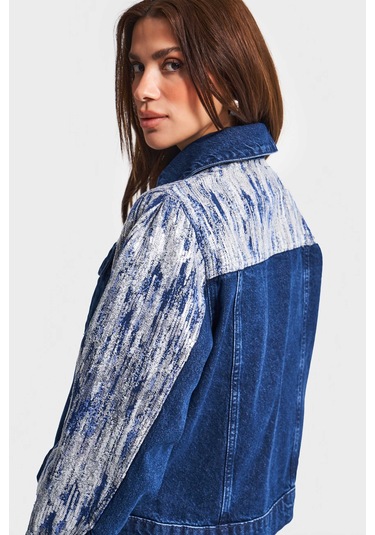 Kadın Mavi Renk 1w5-4 Oversize Pullu Özel Kumaş %100 Koton Tasarım Denim Ceket