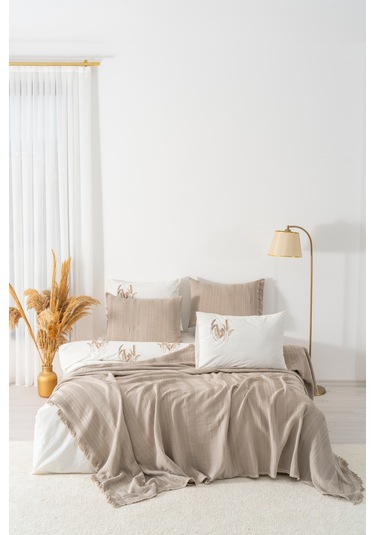 Arya Vizon Nakışlı Çift Kişilik Nevresimli Pike Seti - 7 Parça Çeyiz Seti Vizon