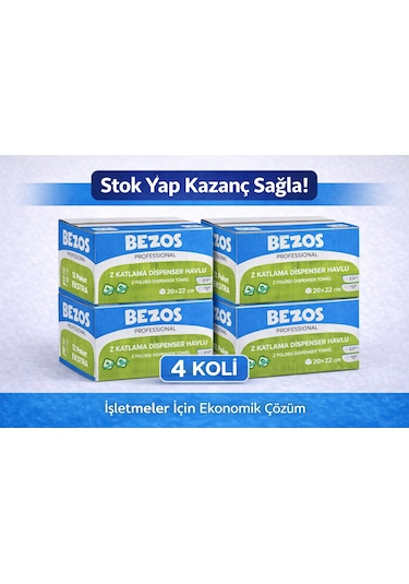 Bezos Z Katlamalı Dispenser Havlu 2 Katlı 20x22 Cm %100 Selüloz 4 Koli Avantaj Paket