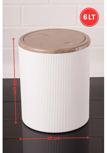 Mermer Desenli Sallanır Kapak Yuvarlak Banyo Çöp Kovası 6 Lt, Mutfak Tezgah Üstü Çöp Kovası Beyaz