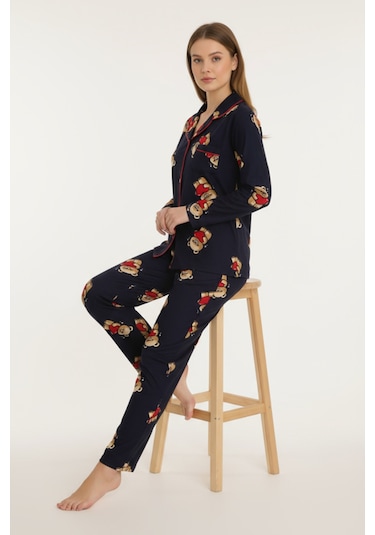 Luxury Soft Lacivert Ayıcık Desenli Uzun Kollu Kadın Pijama Takımı 3057 Siyah